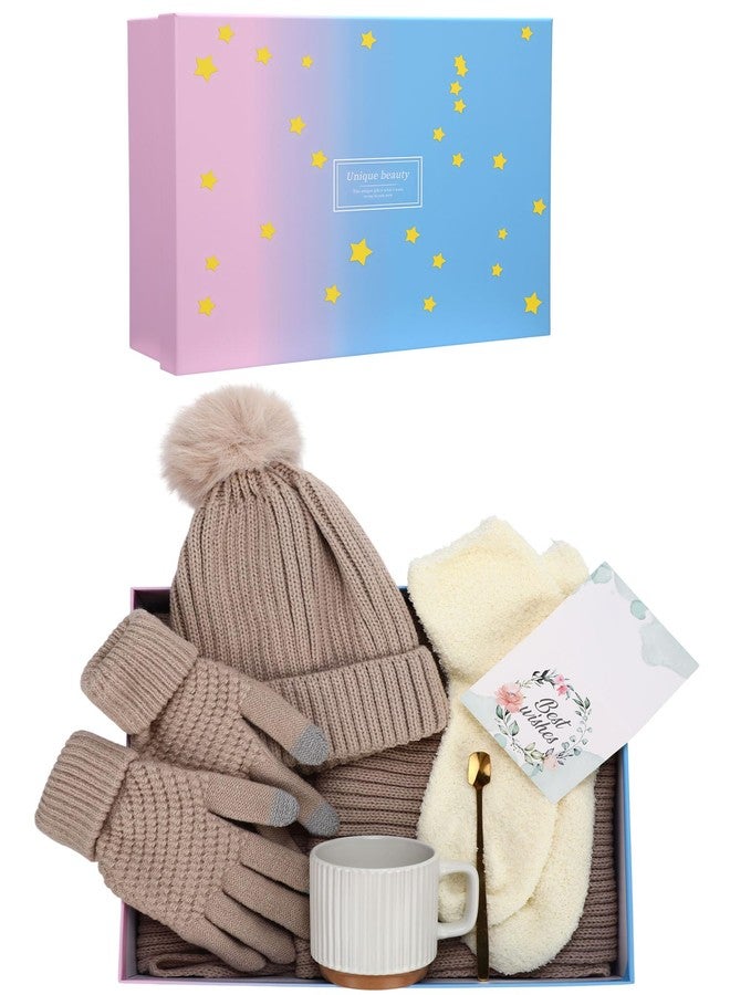 Funnysoft Christmas Gift for Women Hat Glove Scarf Socks Set for Winter White Ceramic Mugs with Spoon and Greeting Card(Beige) - Image 1